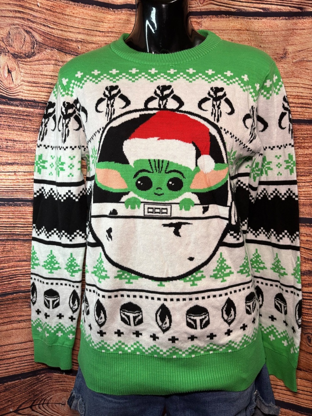 Star Wars Green, White & Black Holiday Baby Yoda Crewneck Sweater